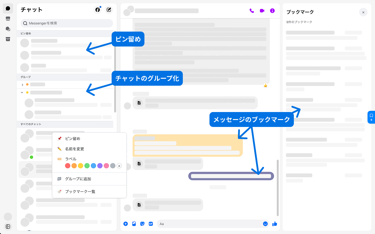 Messenger Organizer の画面。左のチャット一覧がピン留め・グループ（フォルダ）・カラーラベルで整理され、右側にブックマーク一覧が表示されている。